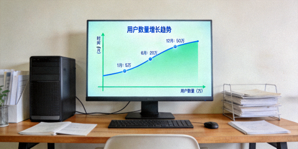 数据统计展示配图 - 数据可视化图表展示增长曲线和用户数量，背景是办公室